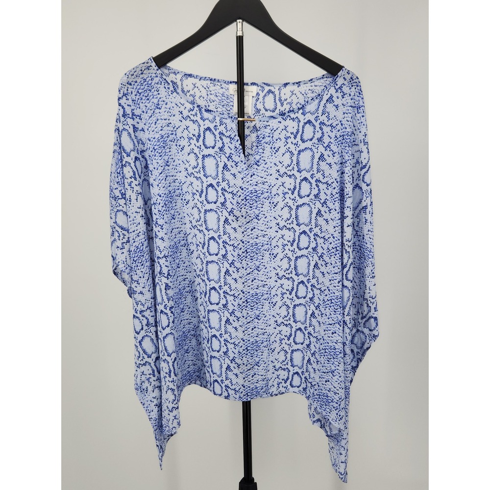 Jaclyn Smith Blue Snakeskin Print Poncho Blouse Top Gold Bar V-Neck 1X/2X